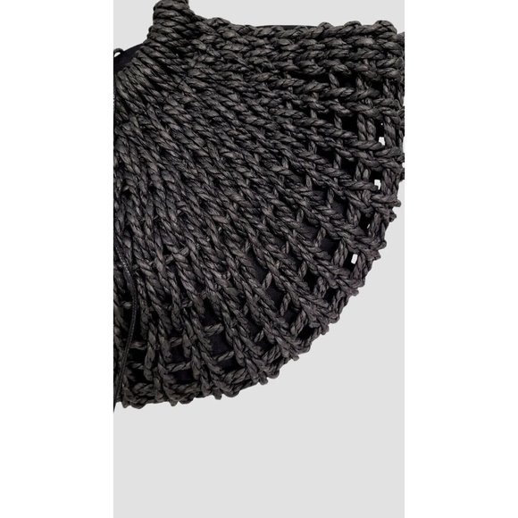 Woven Straw Hobo Handbag  Beach Bag  Drawstring Closure Black - Picture 5 of 7